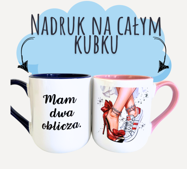 Kubek ceramiczny, mam dwa oblicza, grafika z tenisówką i butem typu szpilka