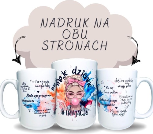 Kubek ceramiczny z afirmacjami z przekleństwami i blondynką, która pokazuje znak pokoju i dmucha różową gumę do żucia.jpg