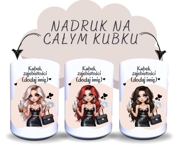 3 kubki ceramiczne z napisem kubek zajebistości (dodaj imię), z 3 dziewczynami w różnych kolorach włosów, blond, brązowy i czerwony, w czarnej spódnicy i obcisłym topie,.jpg
