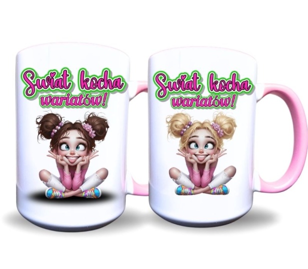 kubek ceramiczny z grafiką dziewczynki jednej w blond i drugiej w brązowych włosach i napisem świat kocha wariatów, różowy na zielonym tle.jpg