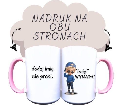 kubek ceramiczny z chłopcem z blond włosam, w niebieskiej bluziei i czapce z daszkiem do tyłu i i napisem czy (dodaj imię) może być milszy dla ludzi,  nie i chj.jpg