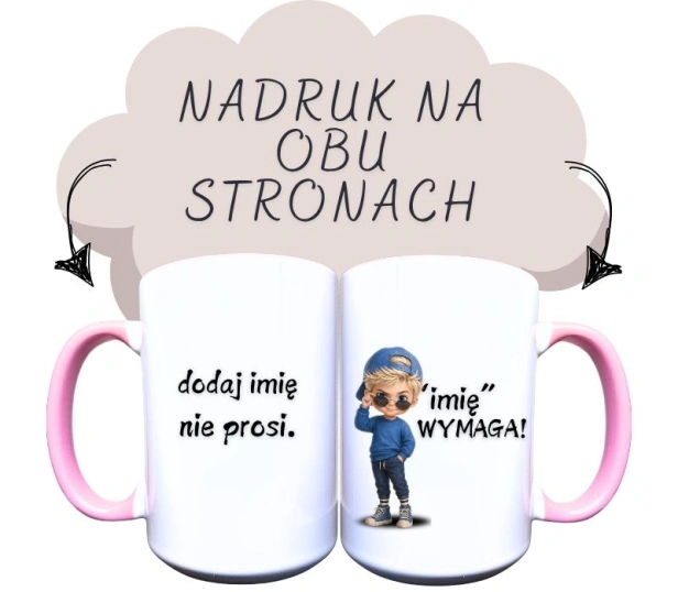 kubek ceramiczny z chłopcem z blond włosam, w niebieskiej bluziei i czapce z daszkiem do tyłu i i napisem czy (dodaj imię) może być milszy dla ludzi,  nie i chj.jpg