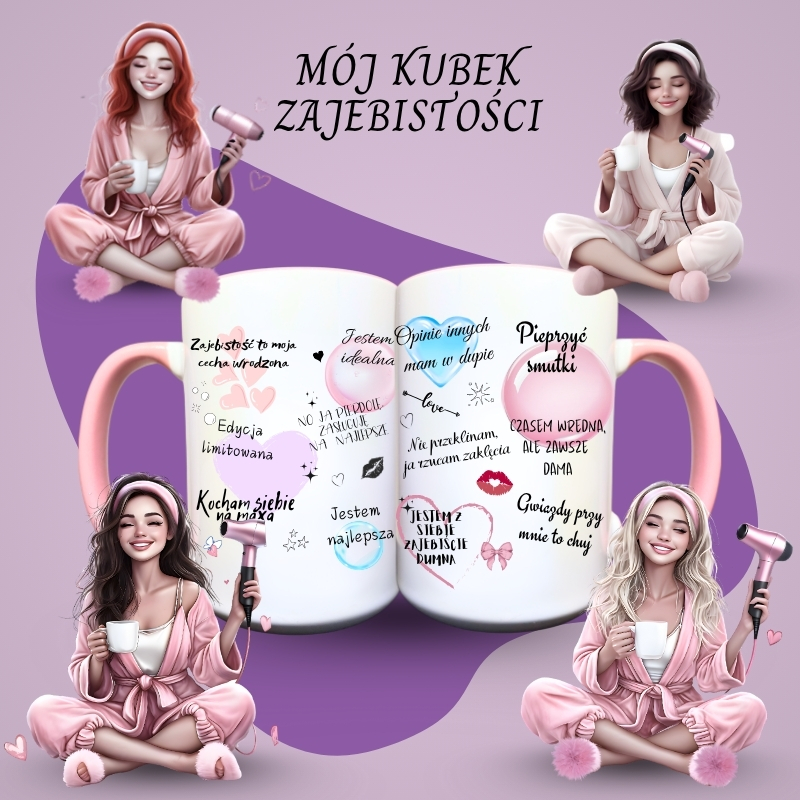 Kolekcja kubków ceramicznych zajebistości z brunetką, blondynką i rudą w różowych piżamach